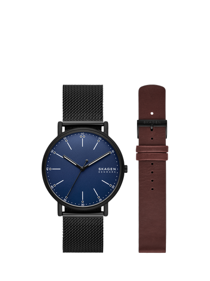 Skagen SKW6933 Men's Signatur Watch Double Strap Box Set, Black/Midnight Blue, Black/Midnight Blue