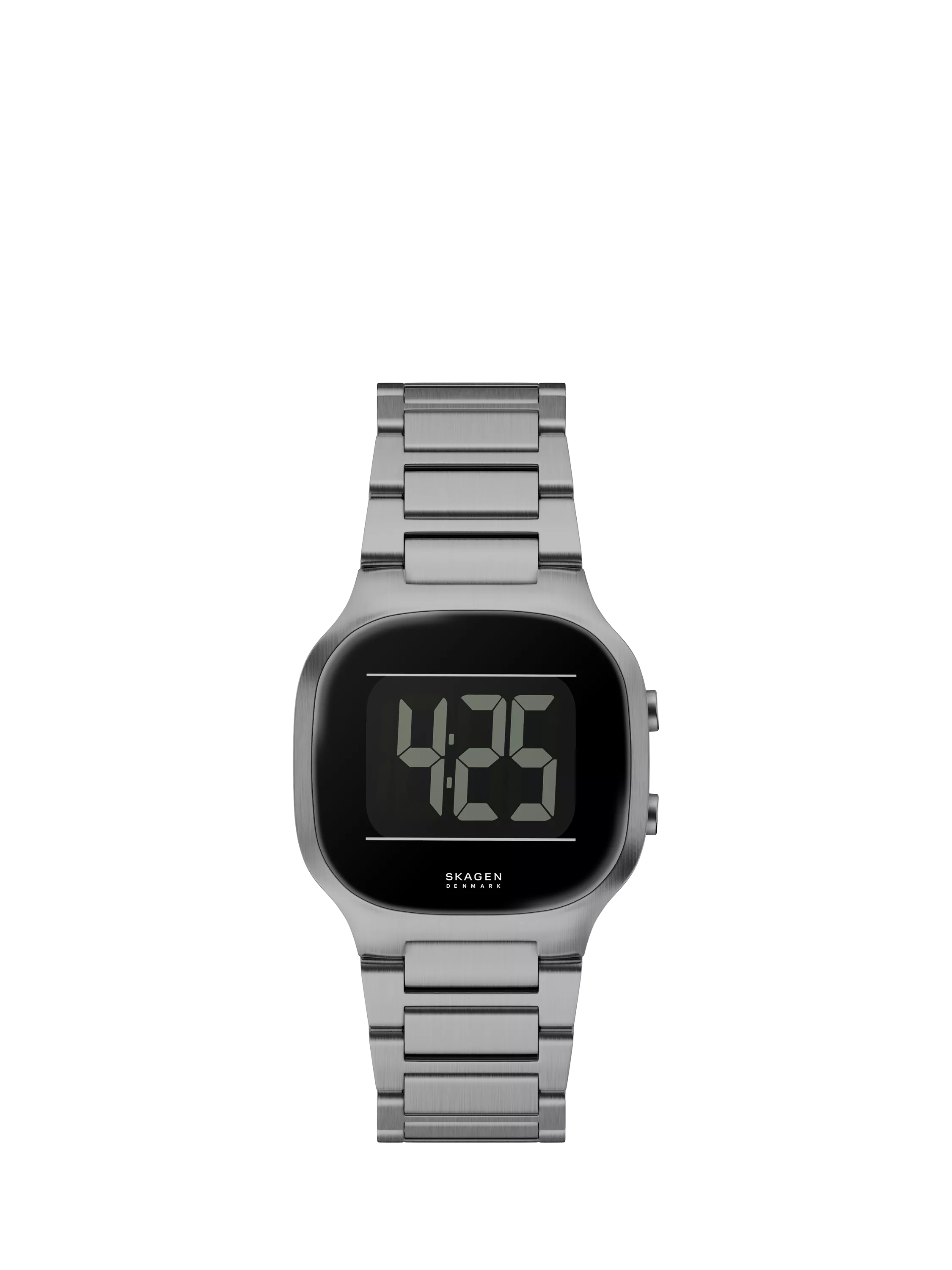 Sleek digital wristwatch with a metallic strap and rectangular face displays time as 4:25. Modern and minimalist design.