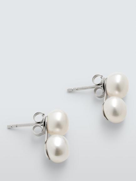 Lido Double Freshwater Pearl Stud Earrings, Silver, Silver