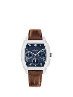 Tommy Hilfiger 1710760 Men's Rectangular Leather Strap Watch, Brown, Brown