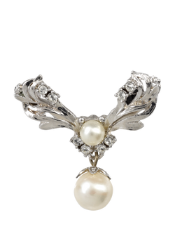 Eclectica Pre-Loved Vintage Rhodium Plated Crystal and Faux Pearl Leaf Brooch, Silver/Cream, Silver/Cream