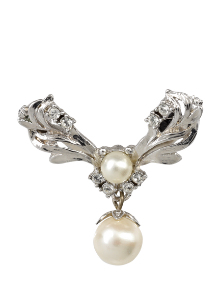 Eclectica Pre-Loved Vintage Rhodium Plated Crystal and Faux Pearl Leaf Brooch, Silver/Cream, Silver/Cream