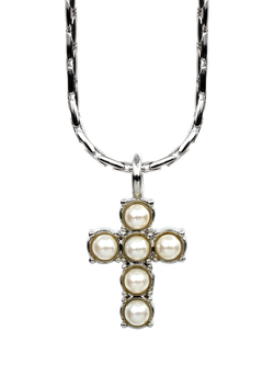 Eclectica Pre-Loved Vintage Faux Pearl Cross Pendant Necklace, Silver/Cream, Silver/Cream