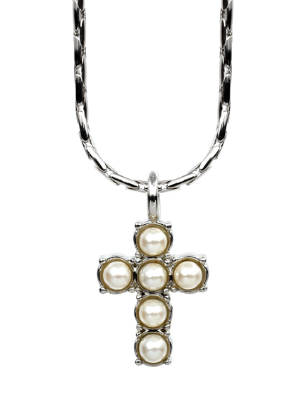Eclectica Pre-Loved Vintage Faux Pearl Cross Pendant Necklace, Silver/Cream, Silver/Cream