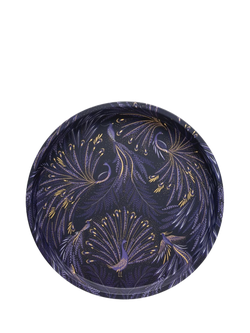 Sara Miller Peacocks Print Round Tin Tray, Blue, Peacock Purple