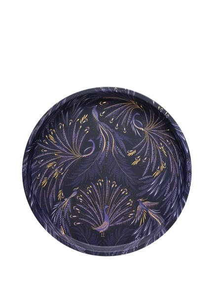Sara Miller Peacocks Print Round Tin Tray, Blue, Peacock Purple