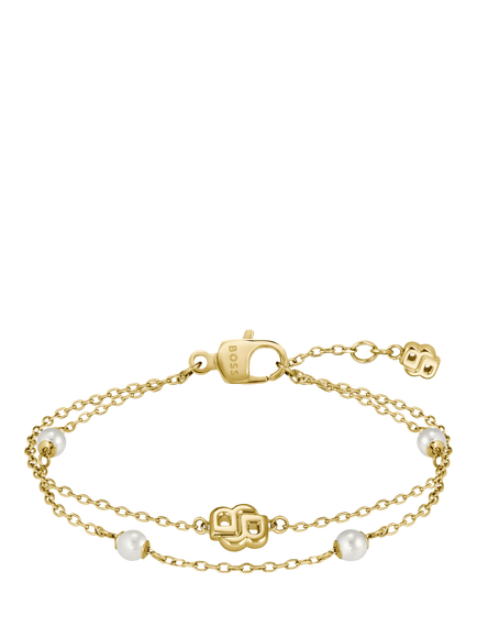 HUGO BOSS Layered Chain Pearl Charm Bracelet, Gold, Gold