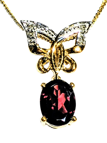 Pre-loved 9ct Yellow Gold Gemstone Butterfly Pendant Necklace, Yellow Gold