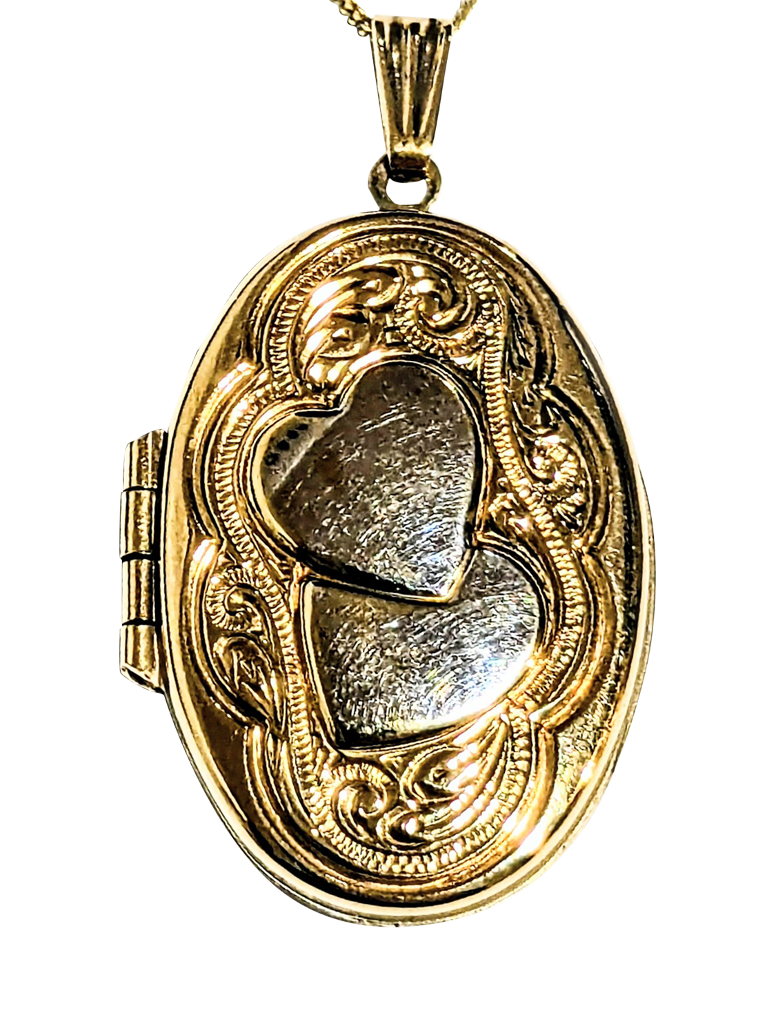 Product image 1 of 1, which shows Pre-loved 9ct Two Toned Solid Gold Embossed Heart Opening Locket