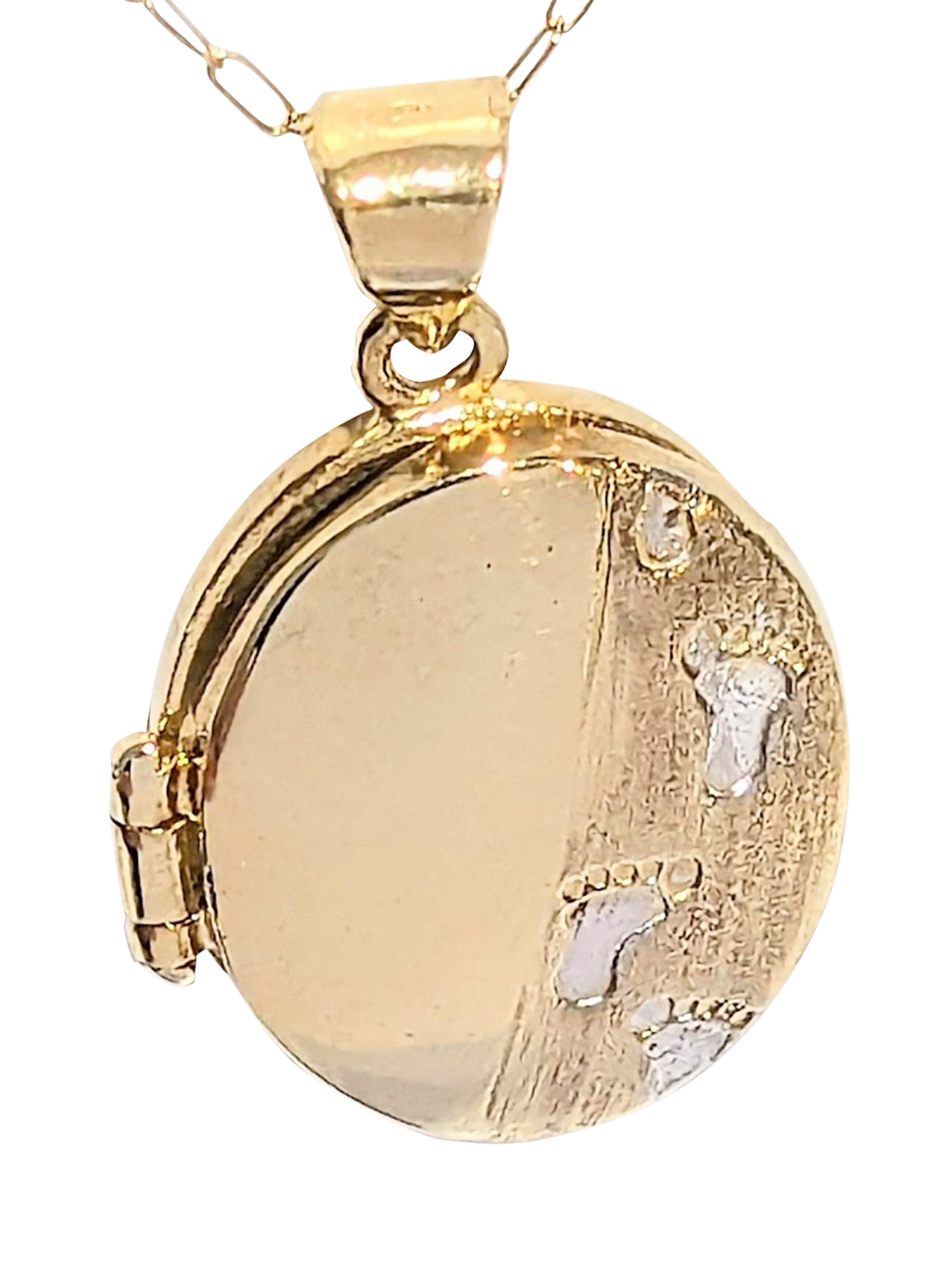 Product image 1 of 1, which shows Pre-loved Solid 9ct Gold Footprints Message Opening Locket