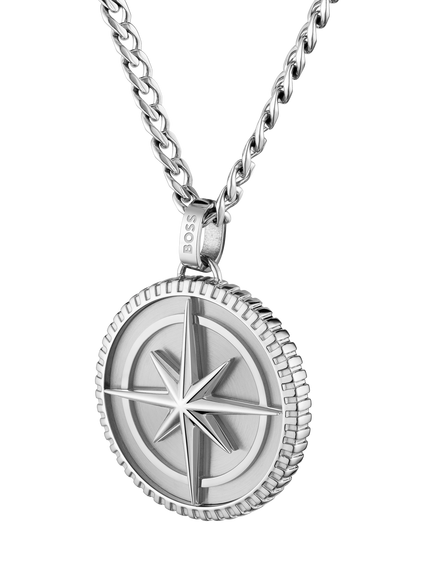 HUGO BOSS Star Embossed Circular Pendant, Silver, Silver