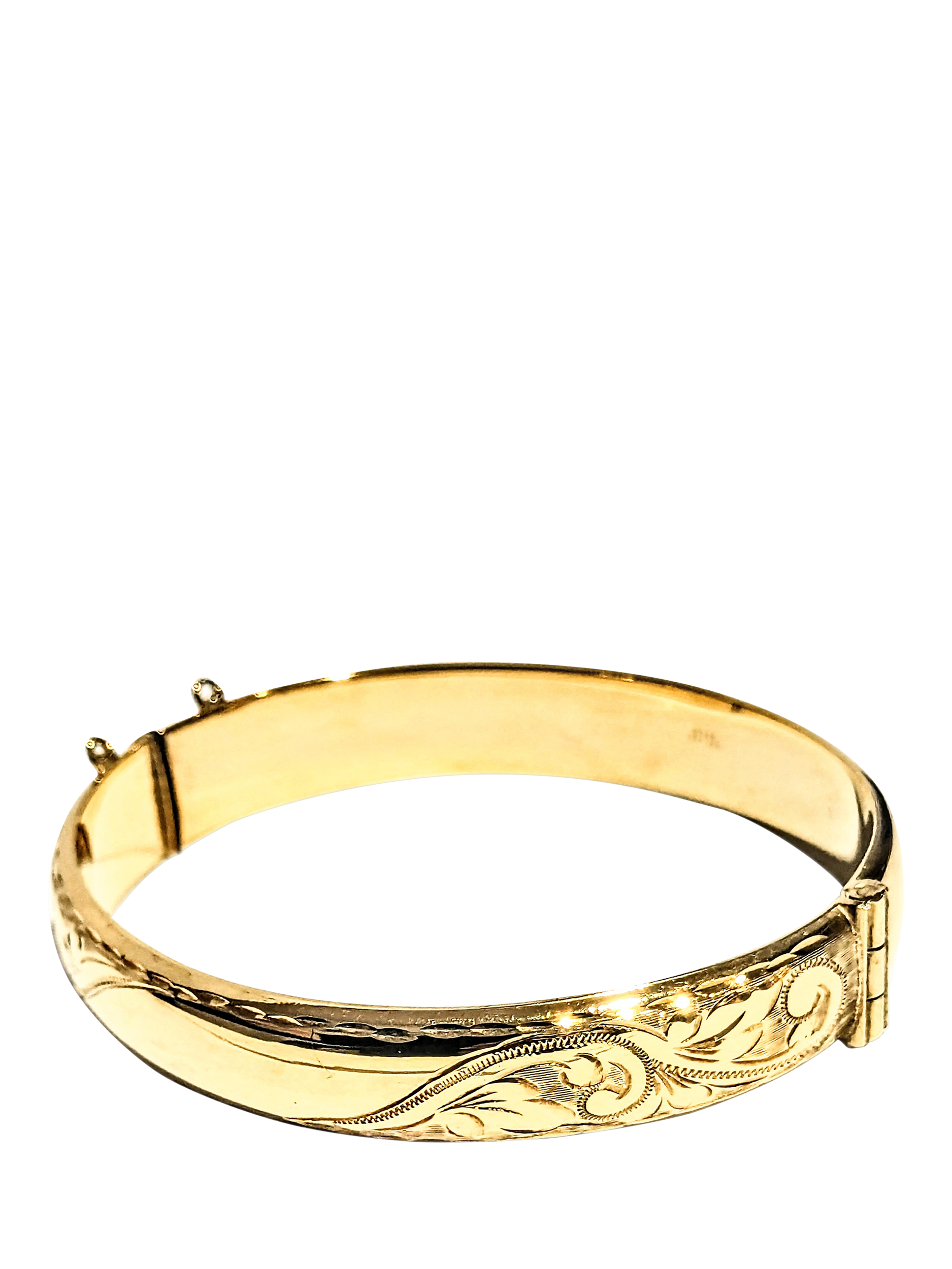 Product image 1 of 1, which shows Pre-loved Solid 9ct Rolled Gold Hand Engraved Hinged Bell Bangle