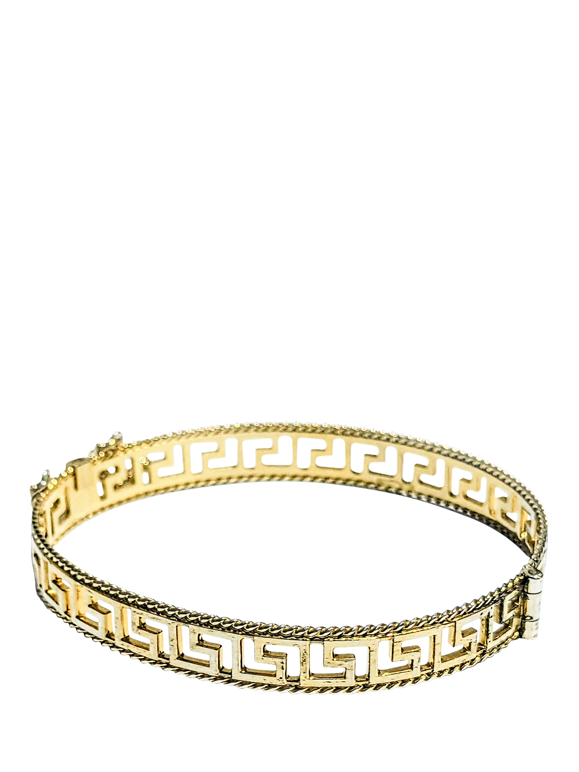 Product image 1 of 1, which shows Pre-loved Solid 9ct Rolled Gold Hinged Greek Key Bangle