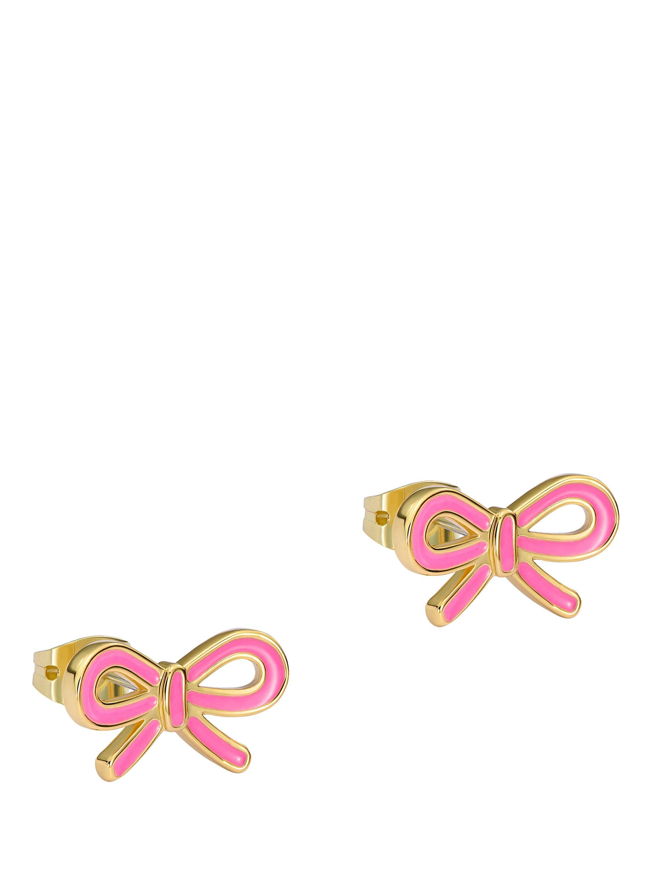 Product image 1 of 6, which shows Ted Baker Bowie Tie Bow Enamel Stud Earrings, Pink/Gold