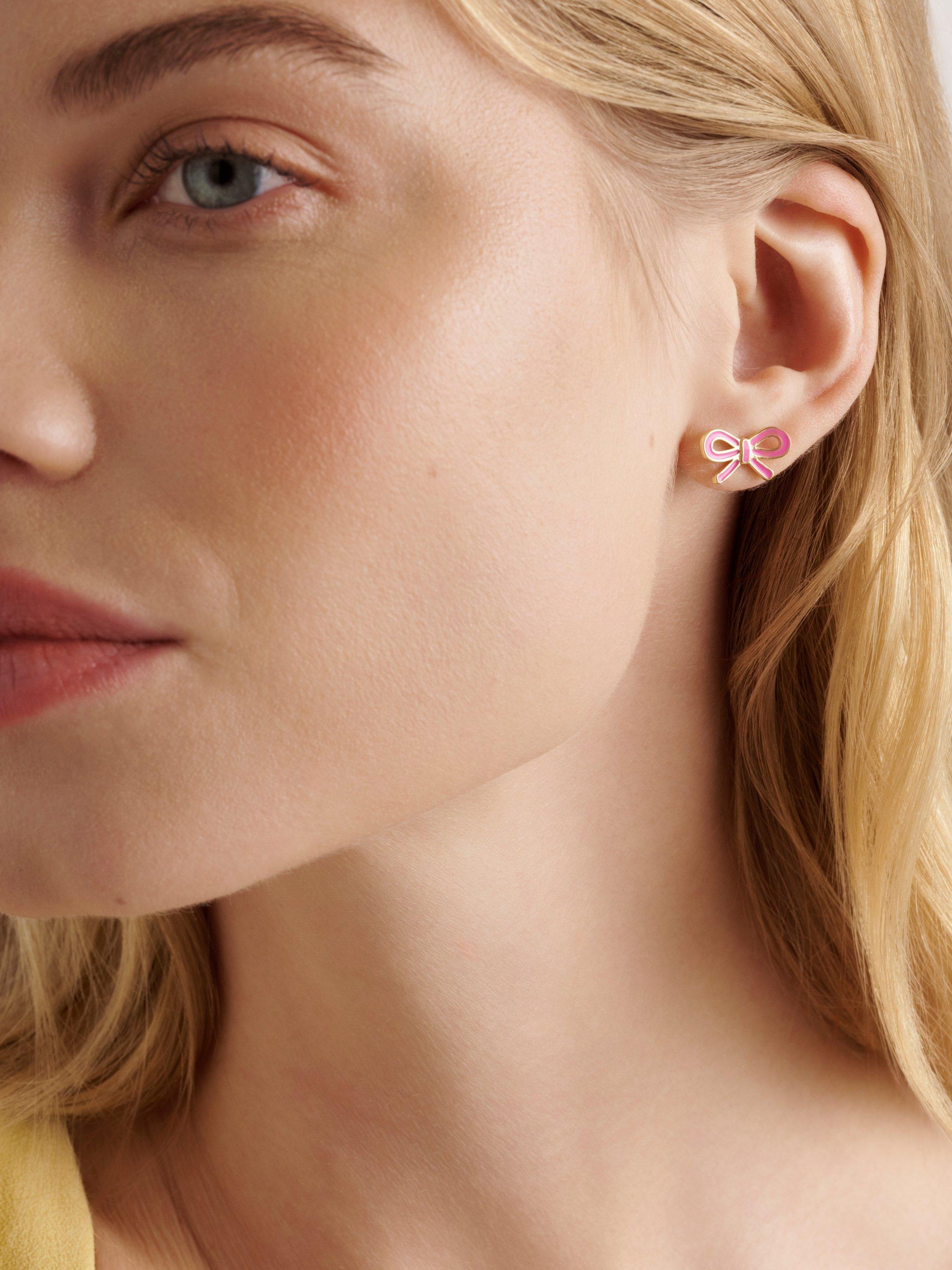 Product image 2 of 6, which shows Ted Baker Bowie Tie Bow Enamel Stud Earrings, Pink/Gold