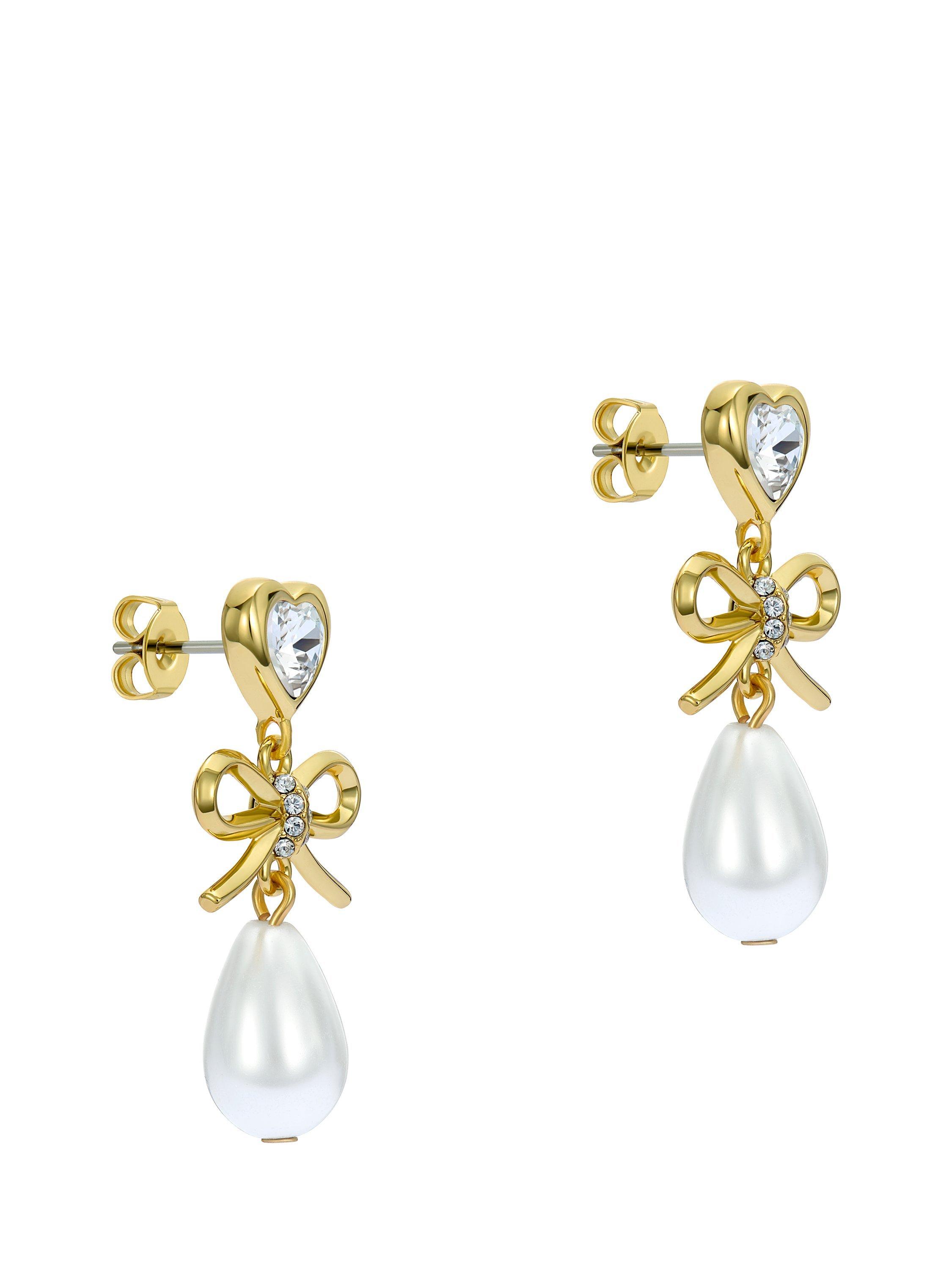 Product image 1 of 6, which shows Ted Baker Ivy Icon Charm Heart Bow Pearl Drop Earrings, Gold