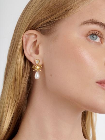 Ted Baker Ivy Icon Charm Heart Bow Pearl Drop Earrings - view 2, Gold
