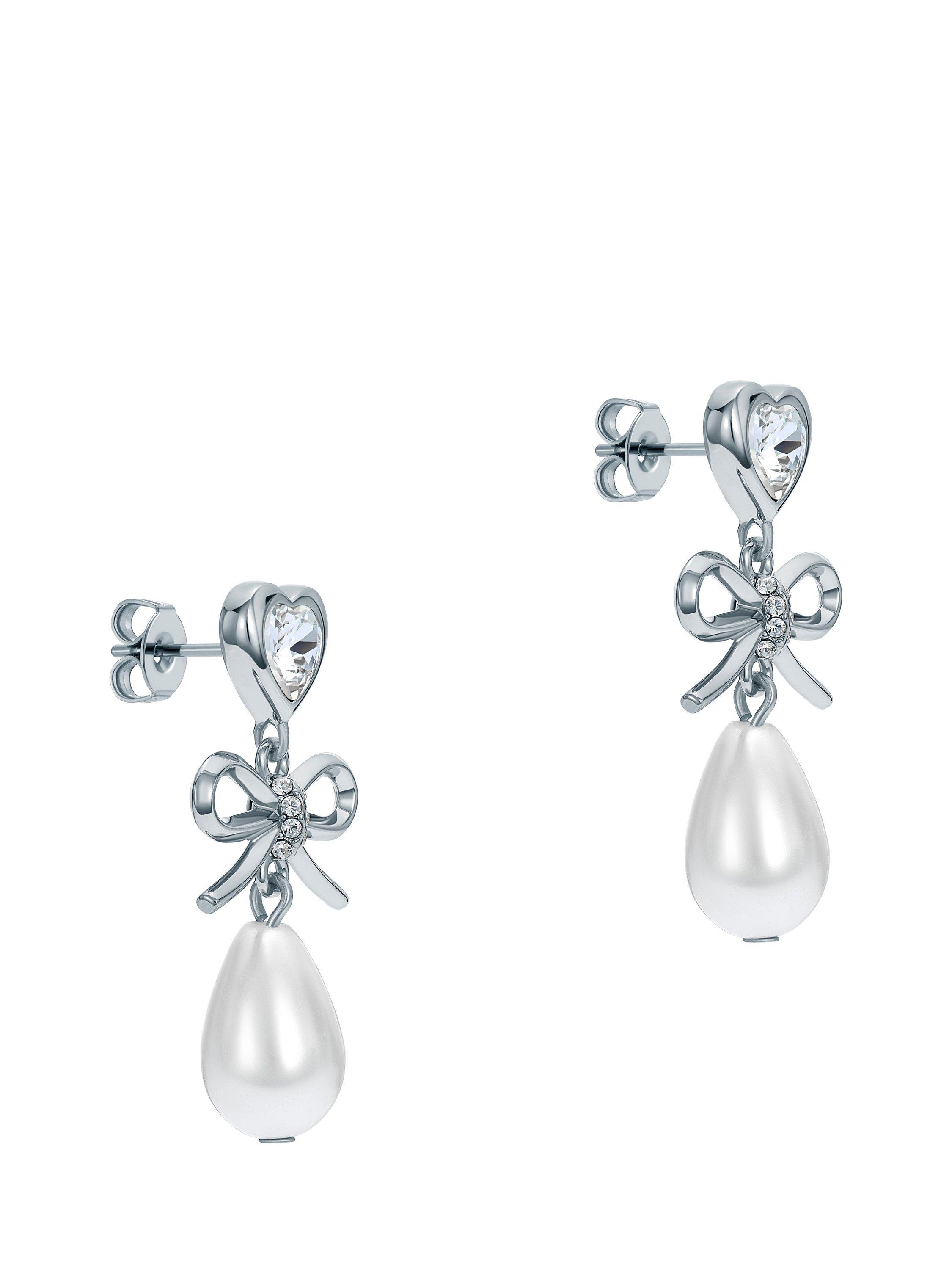 Product image 1 of 6, which shows Ted Baker Ivy Icon Charm Heart Bow Pearl Drop Earrings, Silver