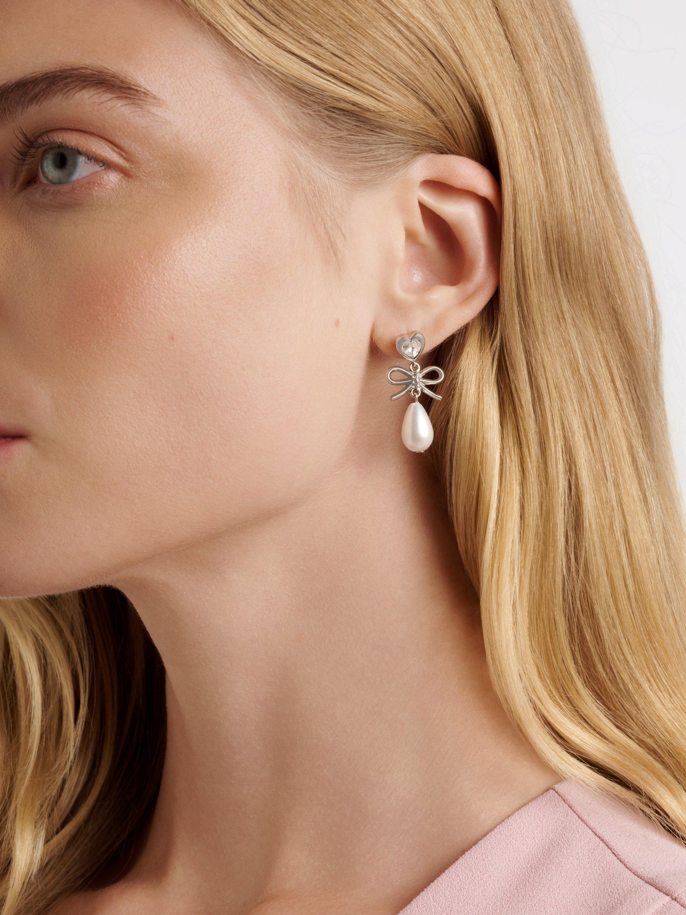 Product image 2 of 6, which shows Ted Baker Ivy Icon Charm Heart Bow Pearl Drop Earrings, Silver