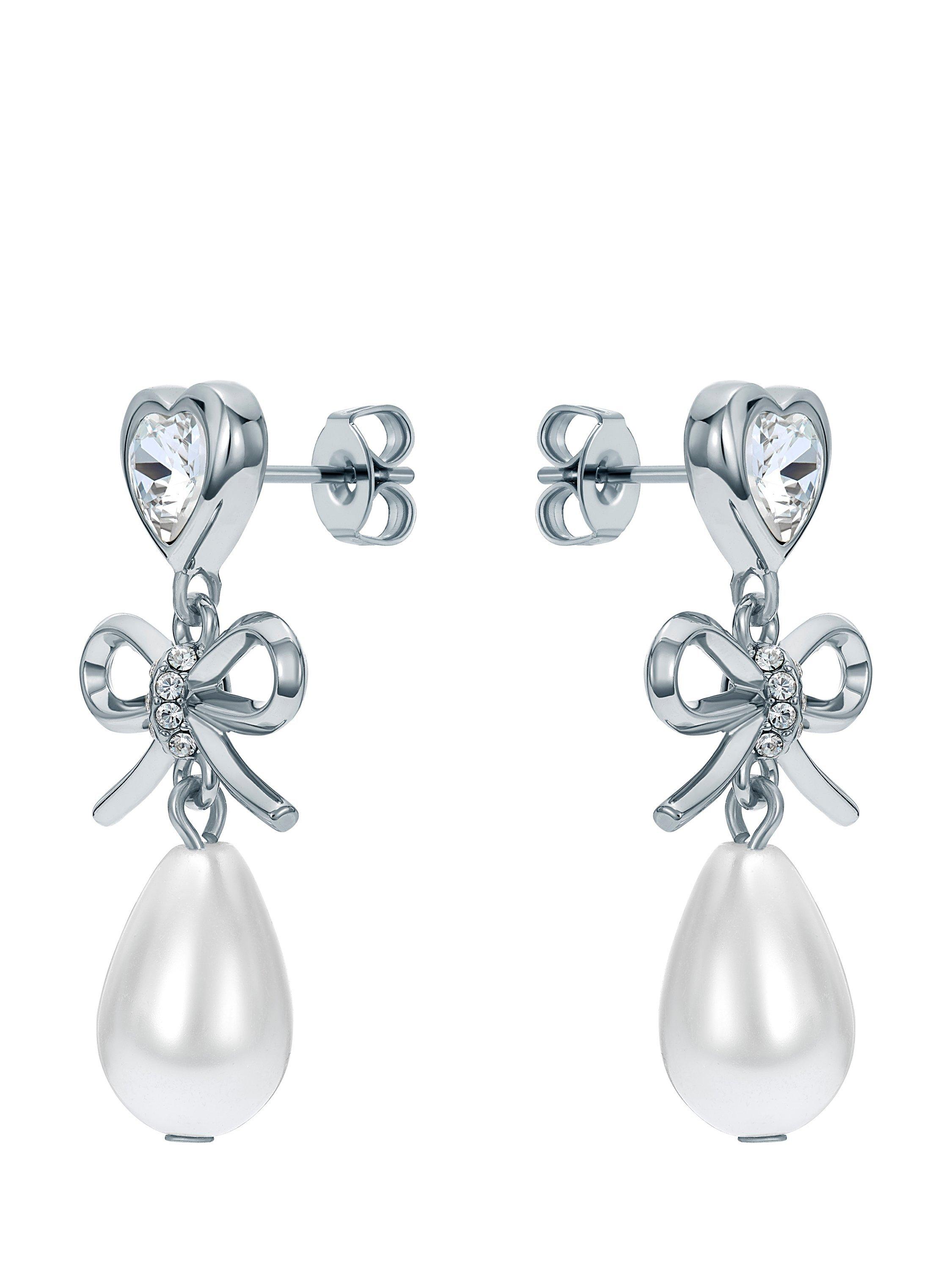 Product image 3 of 6, which shows Ted Baker Ivy Icon Charm Heart Bow Pearl Drop Earrings, Silver