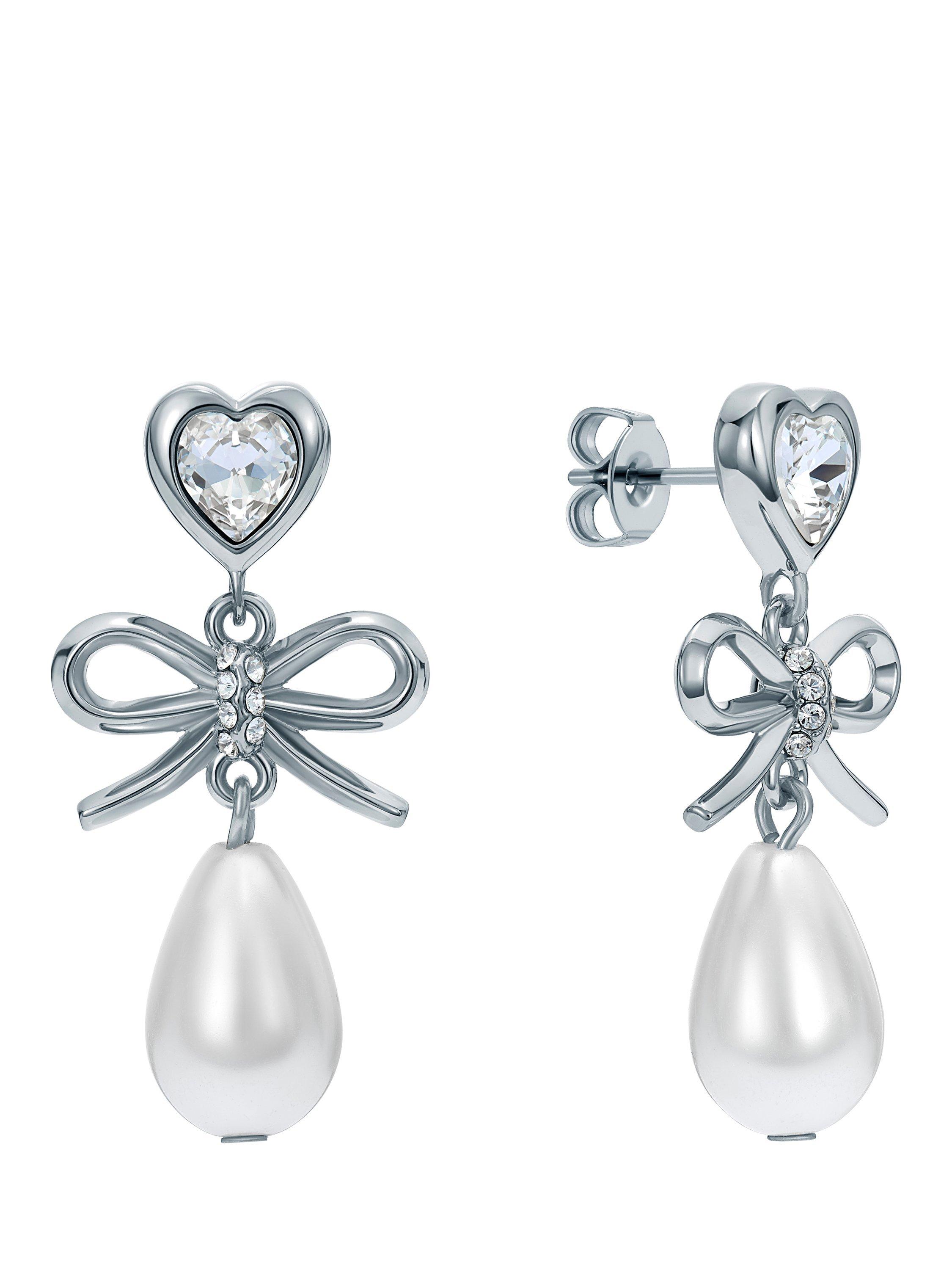 Product image 4 of 6, which shows Ted Baker Ivy Icon Charm Heart Bow Pearl Drop Earrings, Silver