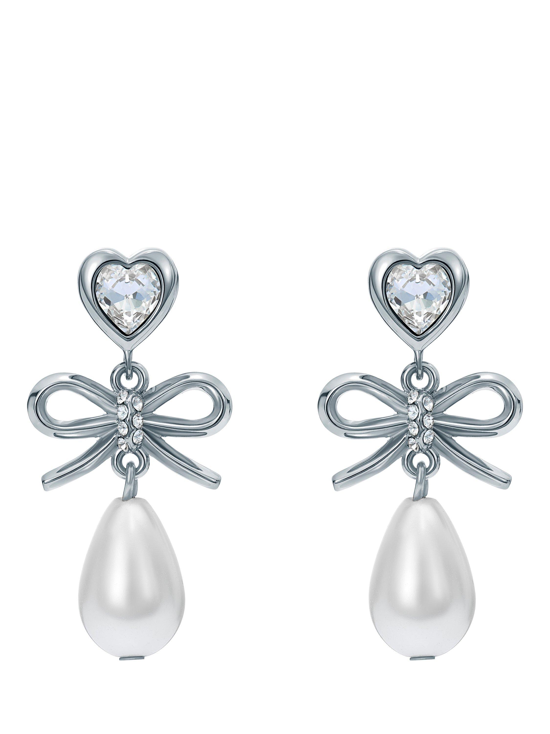 Product image 5 of 6, which shows Ted Baker Ivy Icon Charm Heart Bow Pearl Drop Earrings, Silver