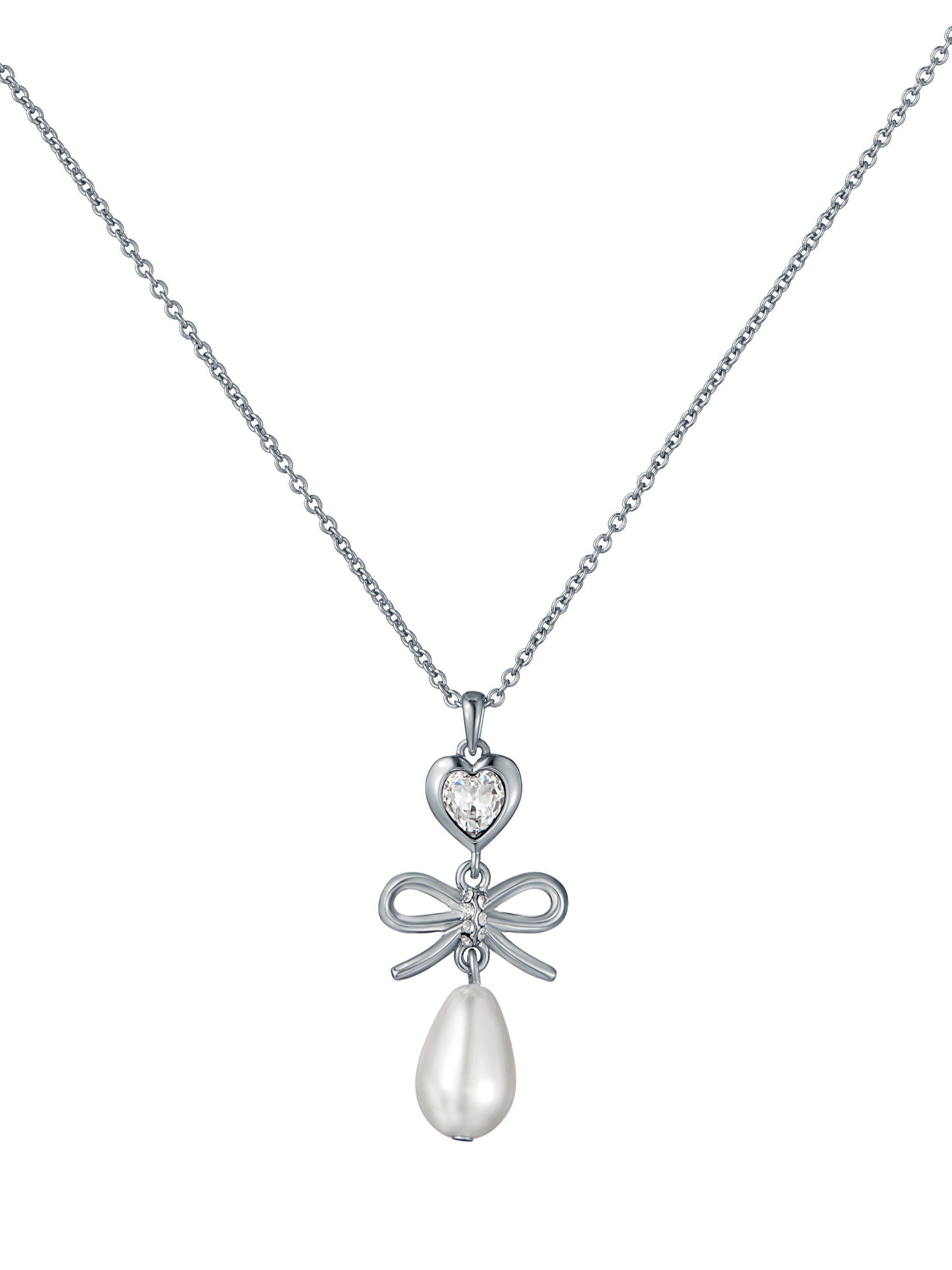 Product image 1 of 6, which shows Ted Baker Imogen Icon Charm Heart Bow Pearl Drop Pendant Necklace, Silver