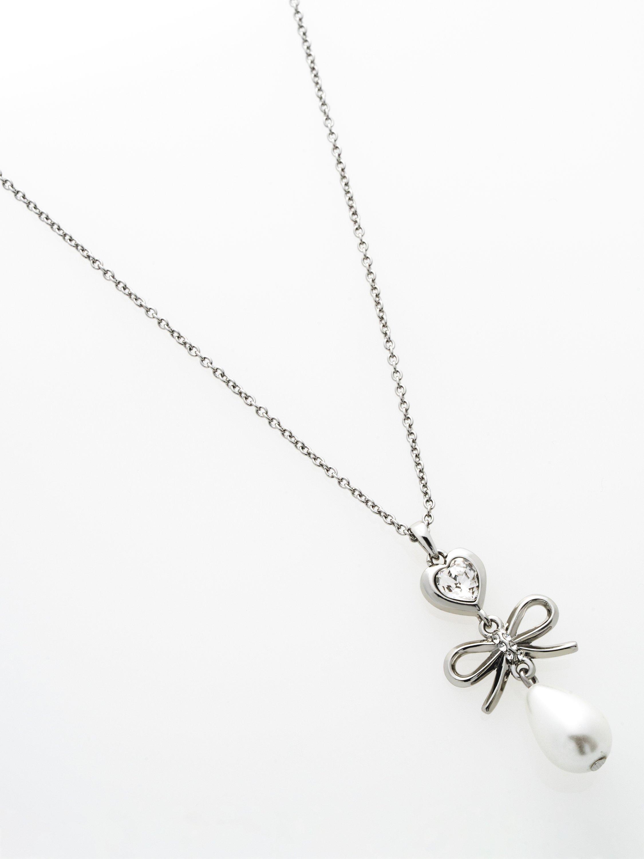 Product image 5 of 6, which shows Ted Baker Imogen Icon Charm Heart Bow Pearl Drop Pendant Necklace, Silver