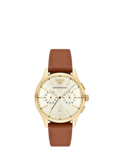 Emporio Armani AR11714 Men's Japanese Movement Leather Strap Watch, Brown And Cream, Brown And Cream
