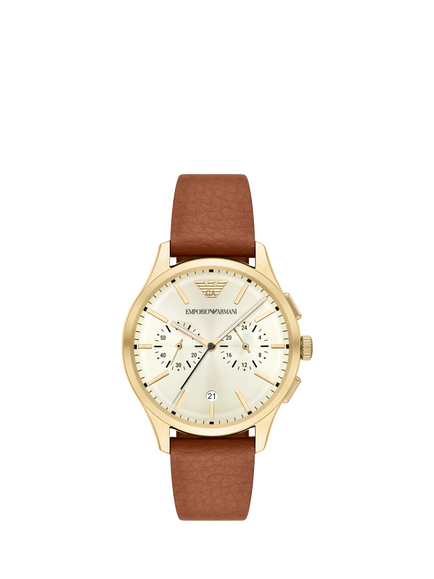 Emporio Armani AR11714 Men's Japanese Movement Leather Strap Watch, Brown And Cream, Brown And Cream