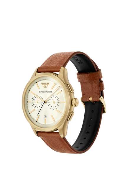 Emporio Armani AR11714 Men's Japanese Movement Leather Strap Watch, Brown And Cream - view 2, Brown And Cream