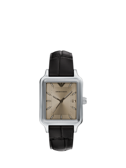 Emporio Armani AR11756 Men's Japanese Movement Leather Strap Watch, Silver And Brown, Silver And Brown