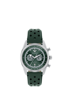 Emporio Armani  AR11782 Men's Chronograph Leather Strap Watch, Silver/Green, Silver And Green