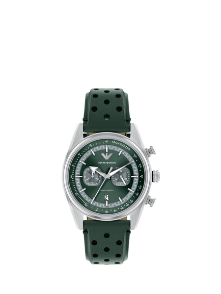 Emporio Armani  AR11782 Men's Chronograph Leather Strap Watch, Silver/Green, Silver And Green