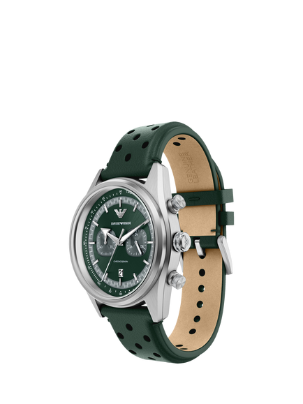 Emporio Armani  AR11782 Men's Chronograph Leather Strap Watch, Silver/Green - view 2, Silver And Green