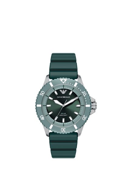 Emporio Armani AR11786 Men's World Explorer Solar Silicone Strap Watch, Silver/Green, Silver And Green