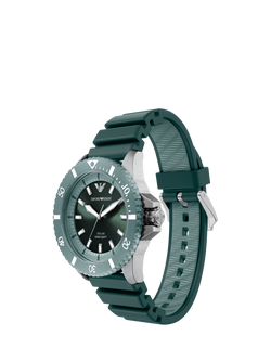 Emporio Armani AR11786 Men's World Explorer Solar Silicone Strap Watch, Silver/Green - view 2, Silver And Green
