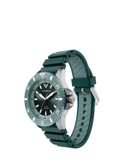 Emporio Armani AR11786 Men's World Explorer Solar Silicone Strap Watch, Silver/Green - view 2, Silver And Green