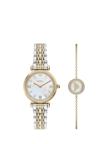 Emporio Armani AR80086SET Watch & Logo Charm Bracelet Gift Set, 2-tone