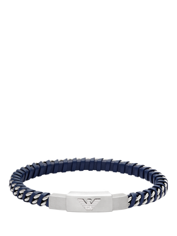 Emporio Armani Men's Logo ID Braided Leather Bracelet, Silver/Blue, Silver And Blue
