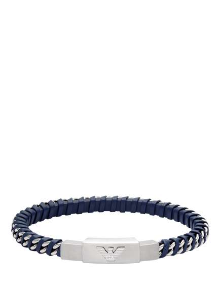 Emporio Armani Men's Logo ID Braided Leather Bracelet, Silver/Blue, Silver And Blue