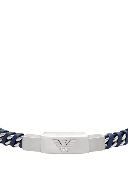 Emporio Armani Men's Logo ID Braided Leather Bracelet, Silver/Blue - view 2, Silver And Blue