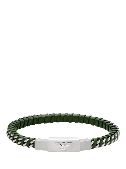 Emporio Armani Men's Logo ID Braided Leather Bracelet, Silver/Green, Silver And Green