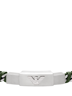 Emporio Armani Men's Logo ID Braided Leather Bracelet, Silver/Green - view 2, Silver And Green