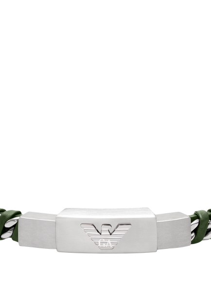Emporio Armani Men's Logo ID Braided Leather Bracelet, Silver/Green - view 2, Silver And Green