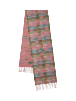 Mulberry Heritage Check & Heart Merino Wool Scarf, Moss/Pink Scrumpy, Moss/Pink Scrumpy