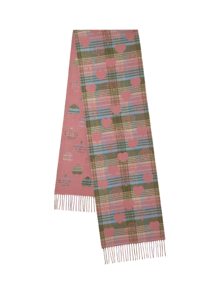 Mulberry Heritage Check & Heart Merino Wool Scarf, Moss/Pink Scrumpy, Moss/Pink Scrumpy
