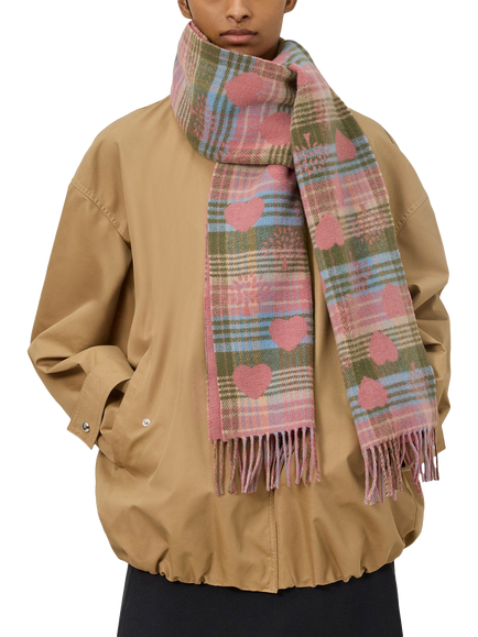 Mulberry Heritage Check & Heart Merino Wool Scarf, Moss/Pink Scrumpy - view 2, Moss/Pink Scrumpy