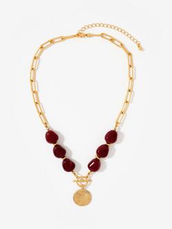 Mint Velvet Beaded Coin T-Bar Necklace, Gold/Burgundy, Gold/Burgundy