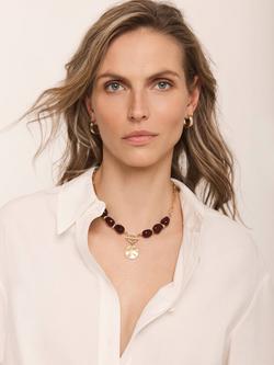 Mint Velvet Beaded Coin T-Bar Necklace, Gold/Burgundy - view 2, Gold/Burgundy